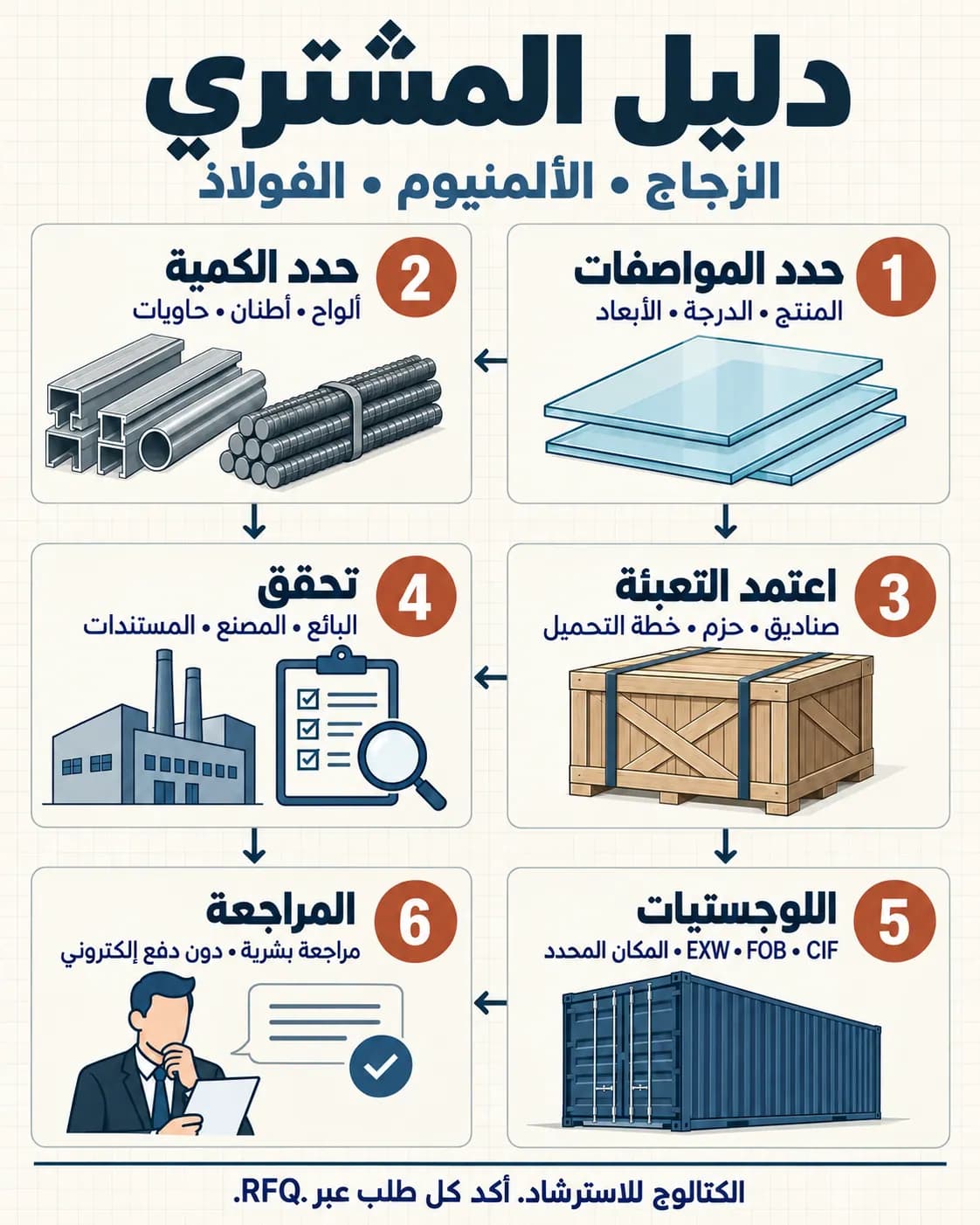 دليل المشتري لتوريد الزجاج والألومنيوم والحديد من إيران — infographic