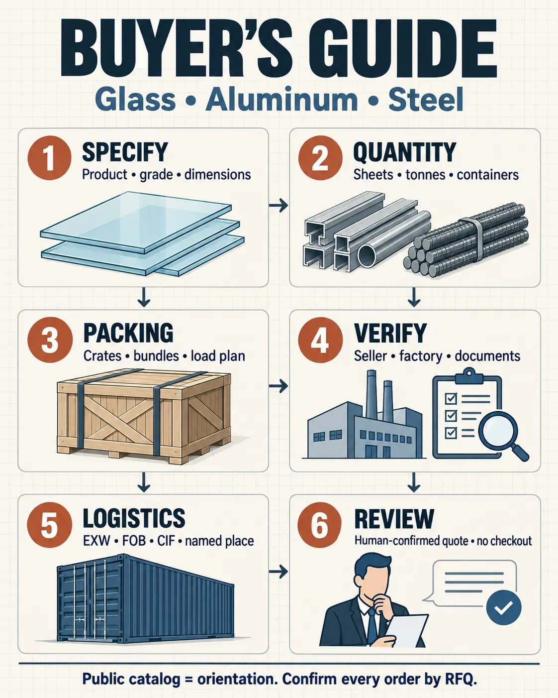 Buyer’s guide to sourcing glass, aluminum, and steel from Iran — infographic summary