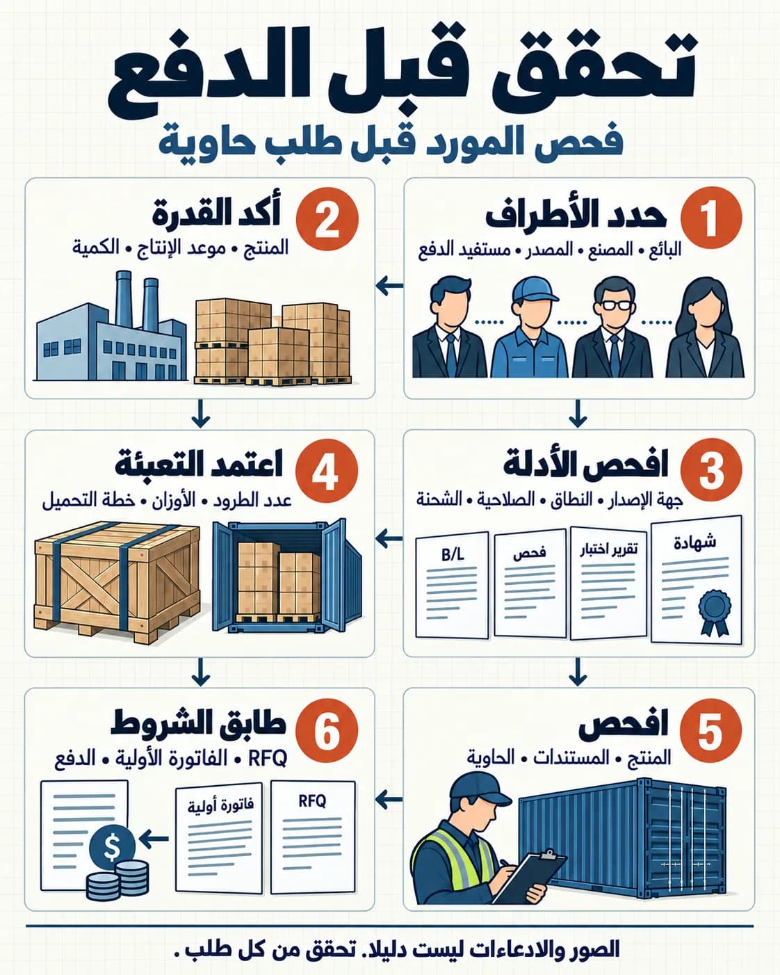 التحقق من المورد قبل طلب حاوية — infographic