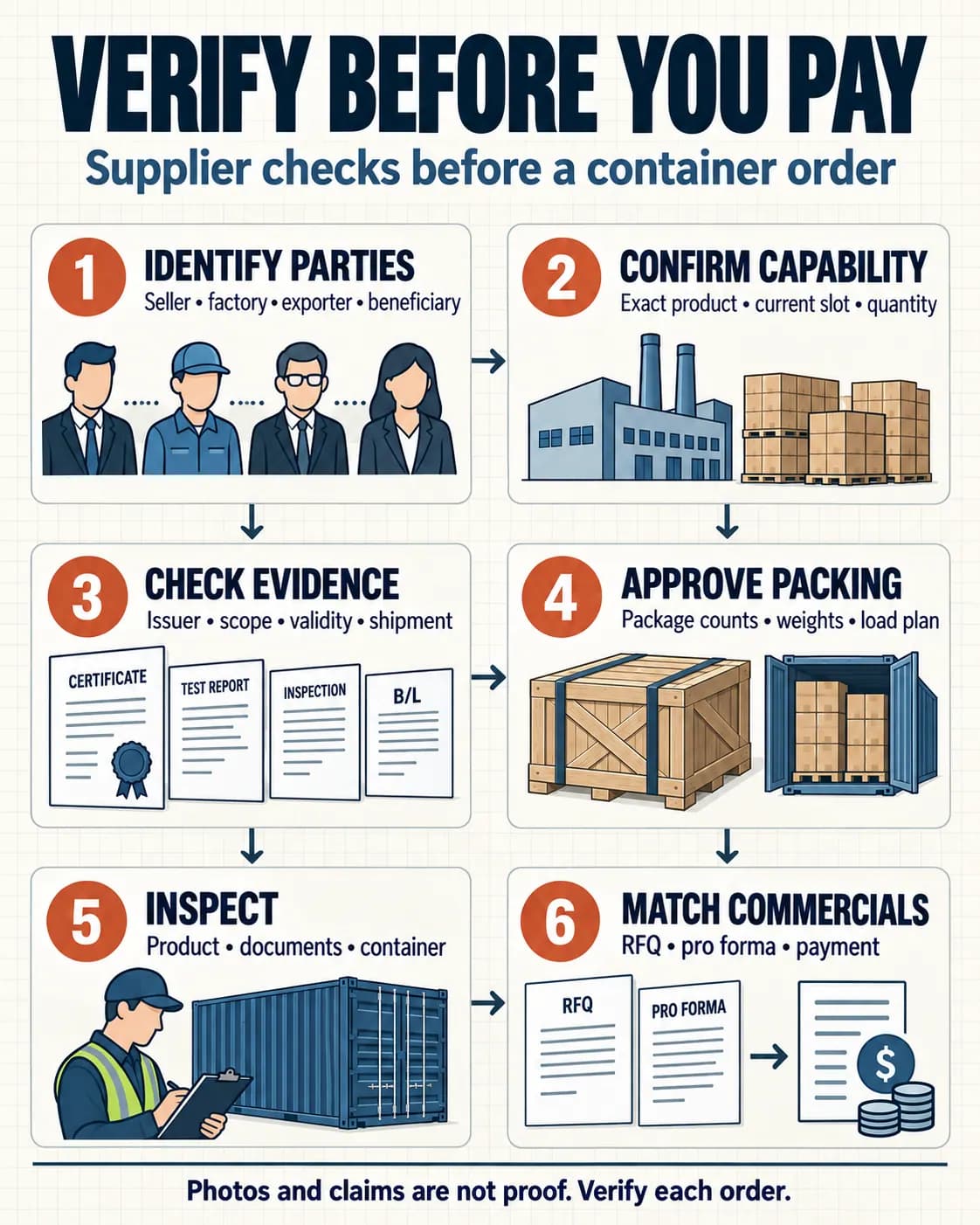 Supplier verification before a container order — infographic summary